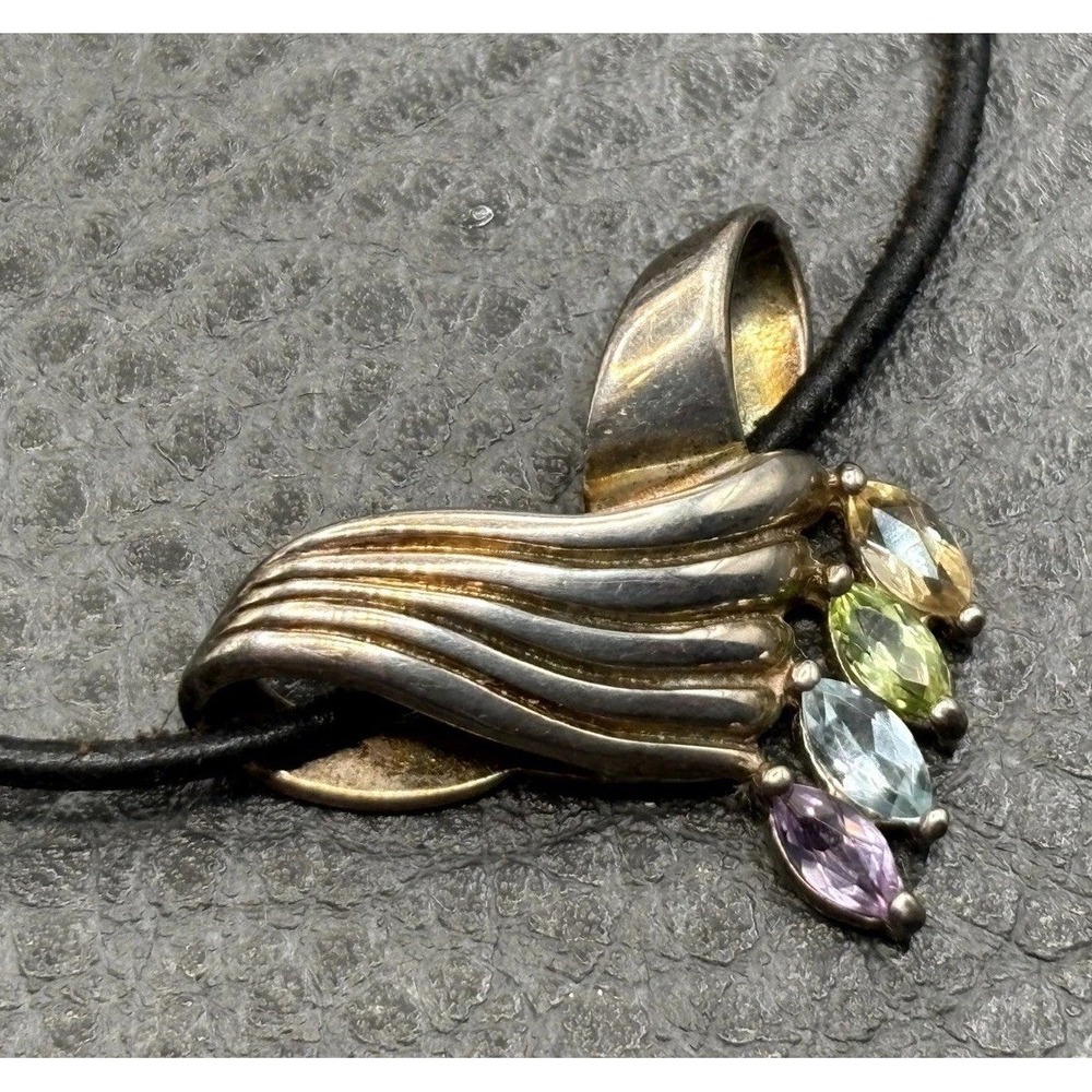 VTG Sterling Silver Multi Gemstone Modernist Pendant Leather Cord Necklace 18"